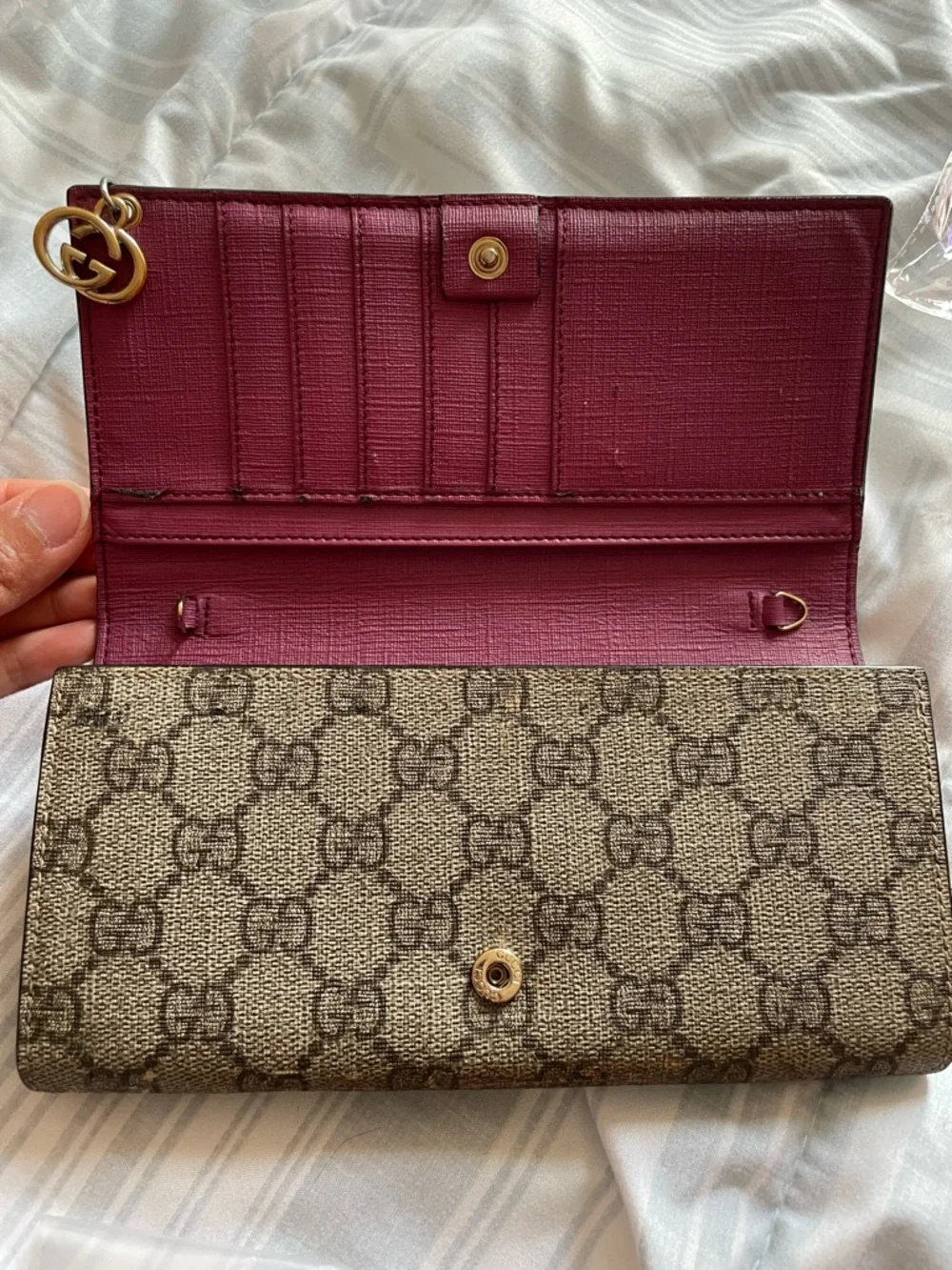 Gucci Brown Monogram Continental Wallet with Gold Charm and Chain - Picture 4 of 9
